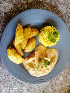 Nandos Strips, Spicy Rice And Garlic Wedges