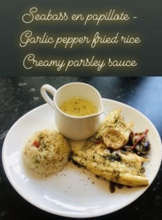 Seabass En Papillote, Garlic Pepper Fried Rice & Creamy Parsley Sauce