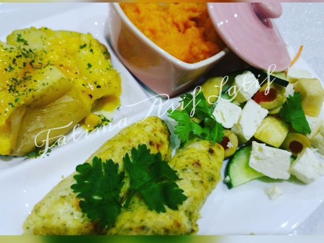 Creamy Fish With Creamy Butternut, Baked Potato & Salad