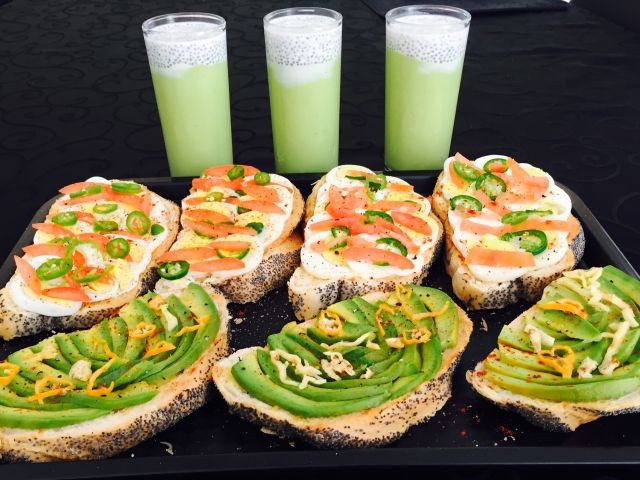 Open Breakfast Sandwiches Served With A Thick Avo Smoothie