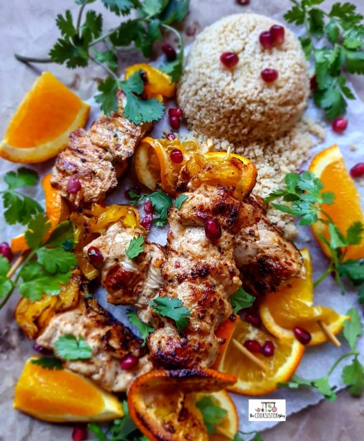 Asian Inspired Orange Chicken Kebabs Served With Couscous