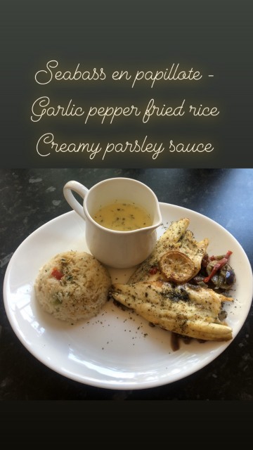 Seabass En Papillote, Garlic Pepper Fried Rice & Creamy Parsley Sauce