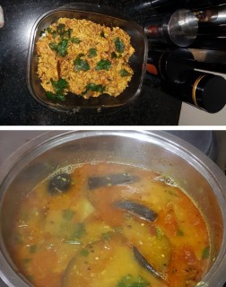 Tinned Fish Akni And Dhal With Brinjals