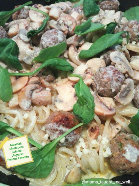 Meatballs Mushroom Spinach Creamy Linguine