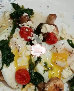 Nutritional Brekkie With Baby Spinach Grilled Mushrooms, Slightly Bruised Cherry Tomotoes And 2 Poached Eggs