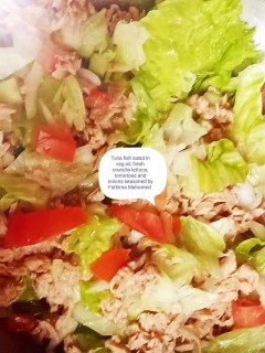 Tuna Fish Salad In Vegetable Oil, Omegas Balanced With Lettuce Tomotoes Red Onions Cucumber Topped With Avos