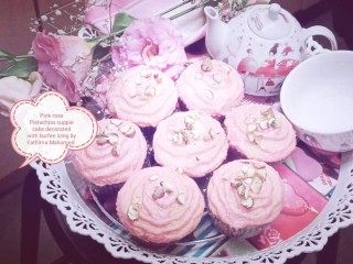 Pink Rose Pistachio Cuppie Cake Decorated With Burfee Icing