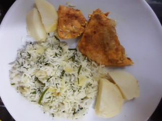 Pan Fried Masala Salmon With Lemon Dill Rice And Potato Wedges