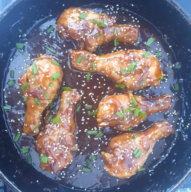 Chicken Drumsticks In Teriyaki Sauce With Soy Fried Rice And Vegetables