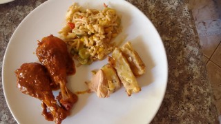 Tandoori Chicken With Spaghetti Salad And Battered Potato Wedges