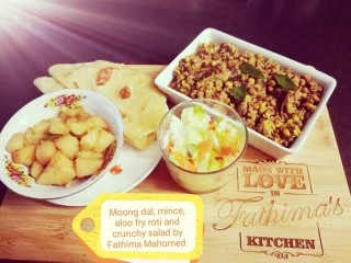 Mince, Moong Dal, Aloo Fry, Roti With Crunchy Salad